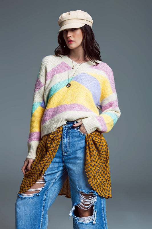 Relaxed v-neckline sweater beige with abstract stripes in pastel colors | Just Cool Beans — sweaters | tops