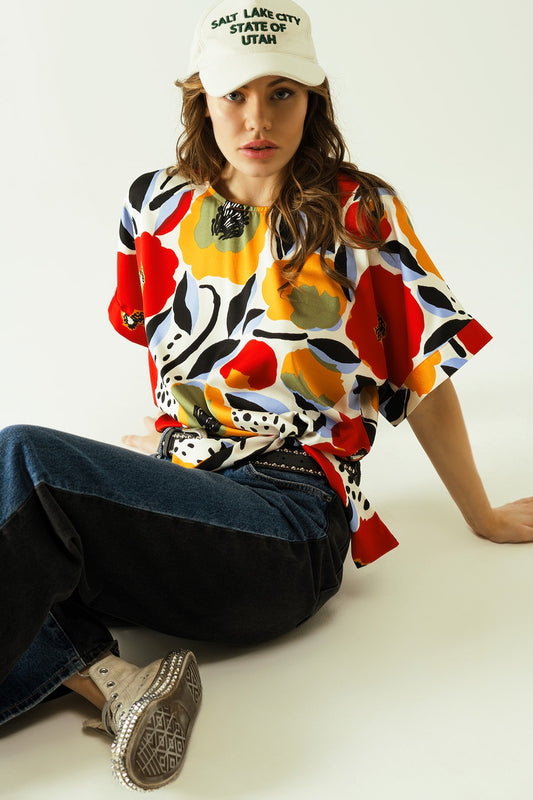 Relaxed white blouse with poppies designs and short sleeves | Just Cool Beans — tops | bottoms