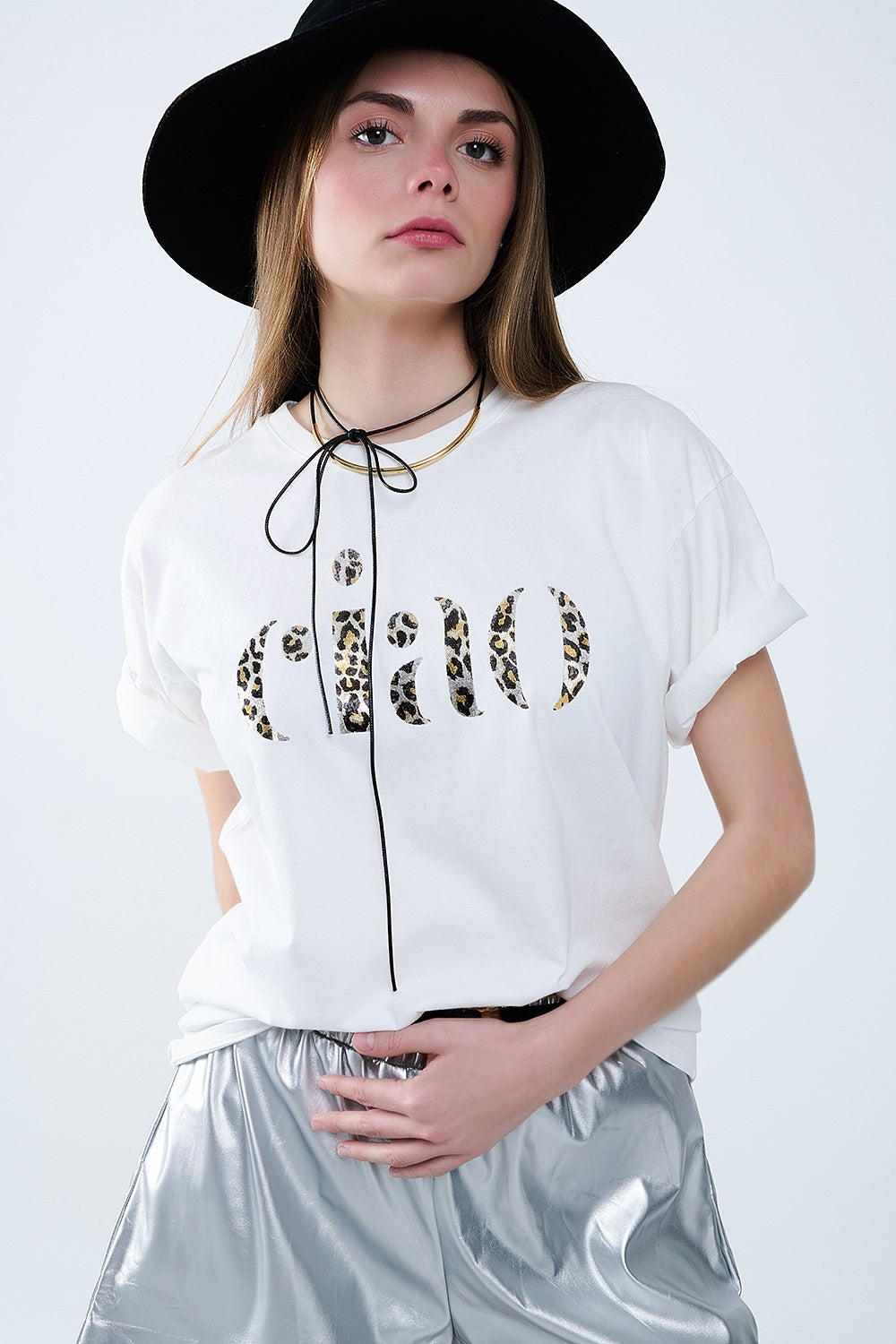 Relaxed white t-shirt with ciao in leopard print | Just Cool Beans — tops