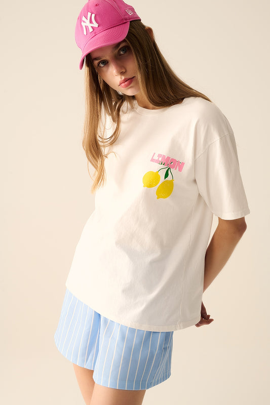 Relaxed white t-shirt with lemon print | Just Cool Beans — tops