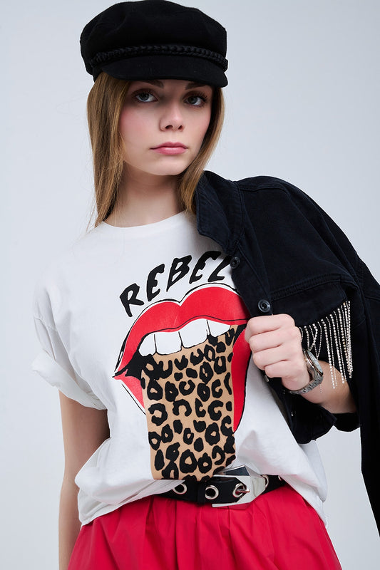 Relaxed white t-shirt with rebel and lips graphic print | Just Cool Beans — tops