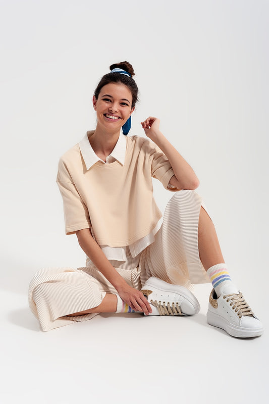 Relaxed wide leg trousers in plisse cream | Just Cool Beans — pants | bottoms