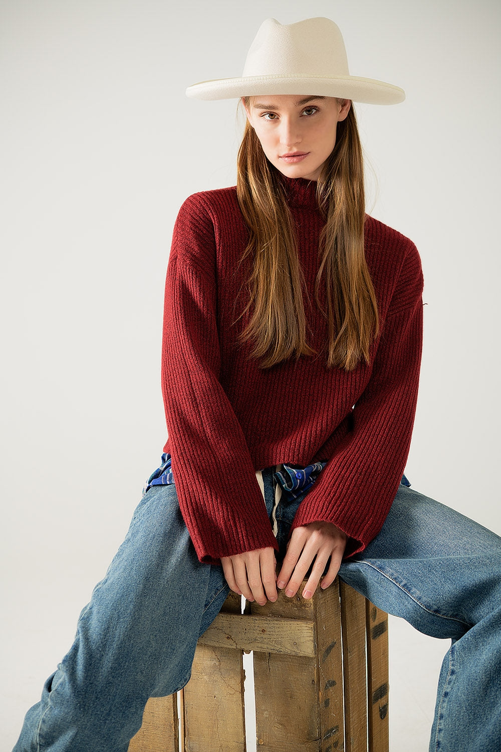 Relaxed wine ribbed high neck sweater | Just Cool Beans — sweaters | tops