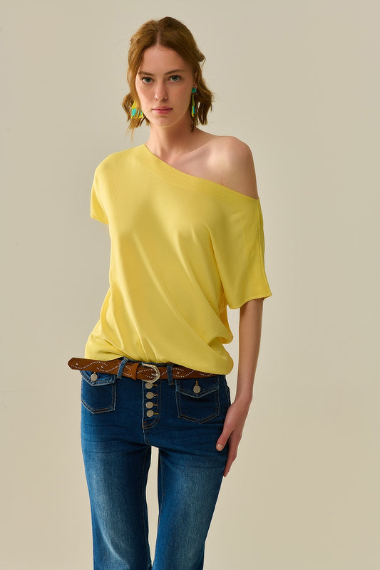 Relaxed yellow boatneck sweater with dropped sleeves | Just Cool Beans — sweaters | tops