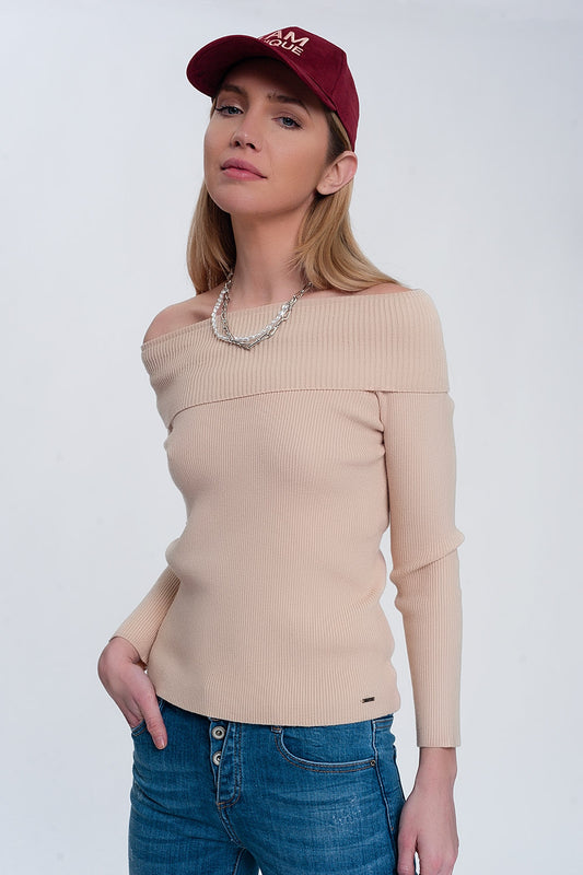 Rib bardot jumper in beige | Just Cool Beans — sweaters | tops