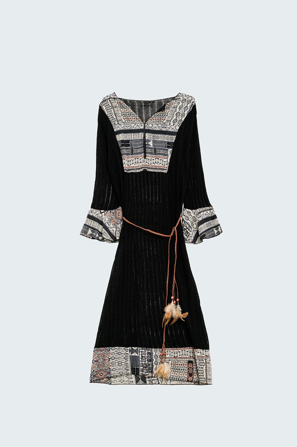 Rib midi dress with tribal print accents and belt | Just Cool Beans — dresses