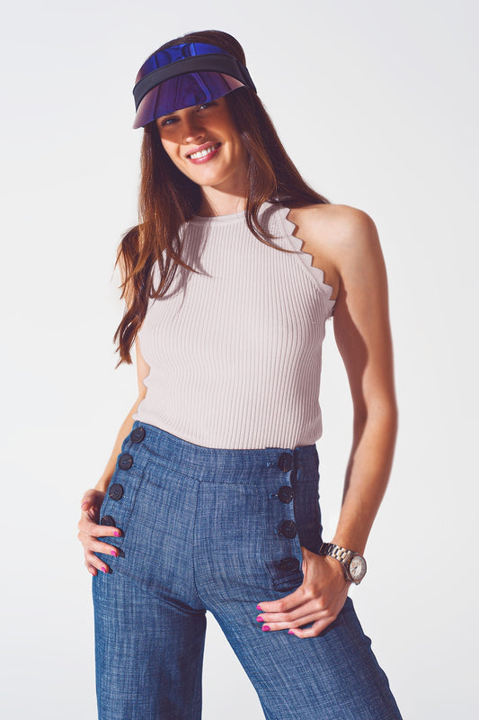 Ribbed halter top with scalloped finish in beige | Just Cool Beans — sweaters | tops