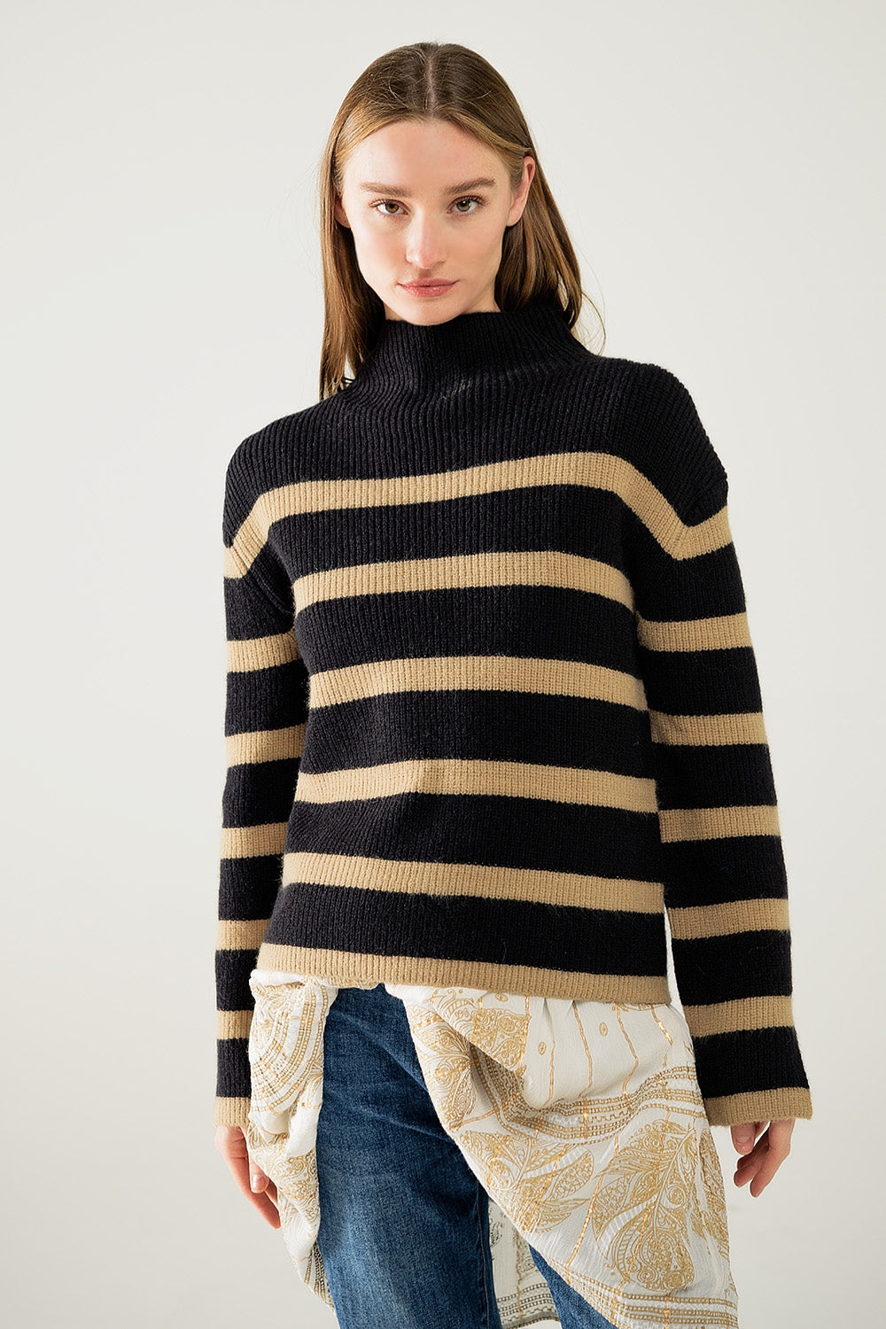 Ribbed knit jersey in black with camel stripes | Just Cool Beans — sweaters | tops