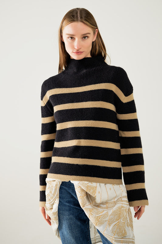 Ribbed knit jersey in black with camel stripes | Just Cool Beans — sweaters | tops