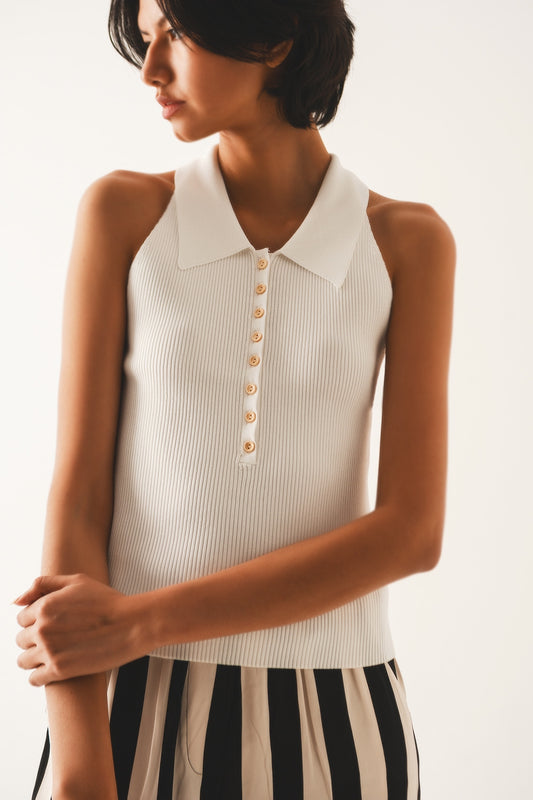 Ribbed knitted top with polo neck in cream | Just Cool Beans — sweaters | tops