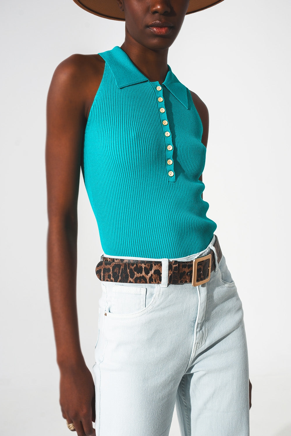 Ribbed knitted top with polo neck in turquoise | Just Cool Beans — tops