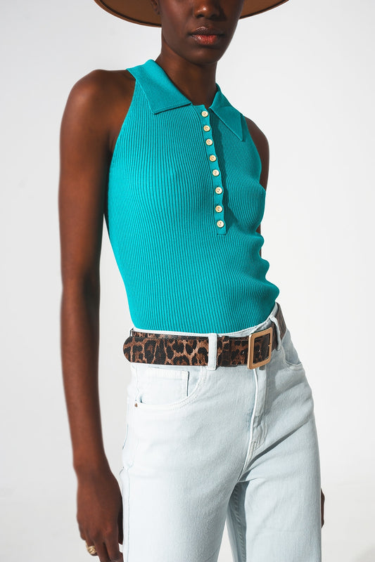 Ribbed knitted top with polo neck in turquoise | Just Cool Beans — tops