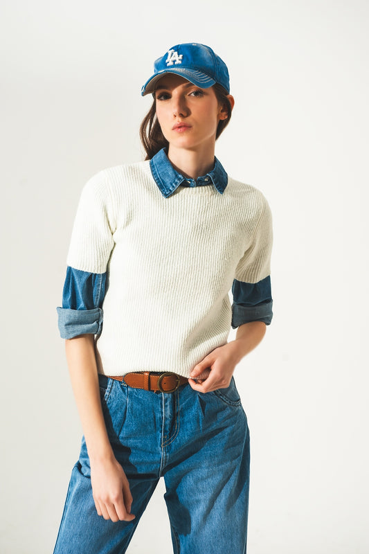 Ribbed short sleeve crop knitted top in cream | Just Cool Beans — sweaters | bottoms