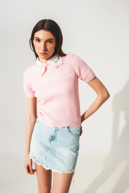 Ribbed short sleeve crop knitted top in pink | Just Cool Beans — sweaters | bottoms