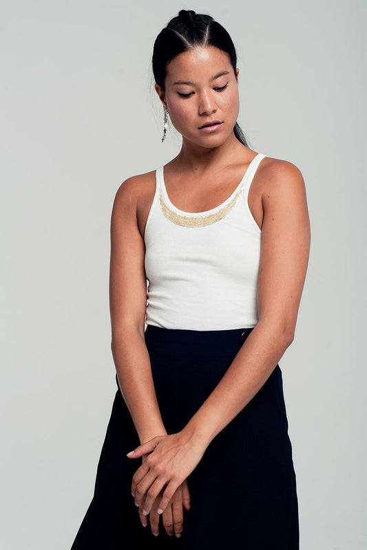Ribbed tank top in white with beaded detailing | Just Cool Beans — shirts | tops