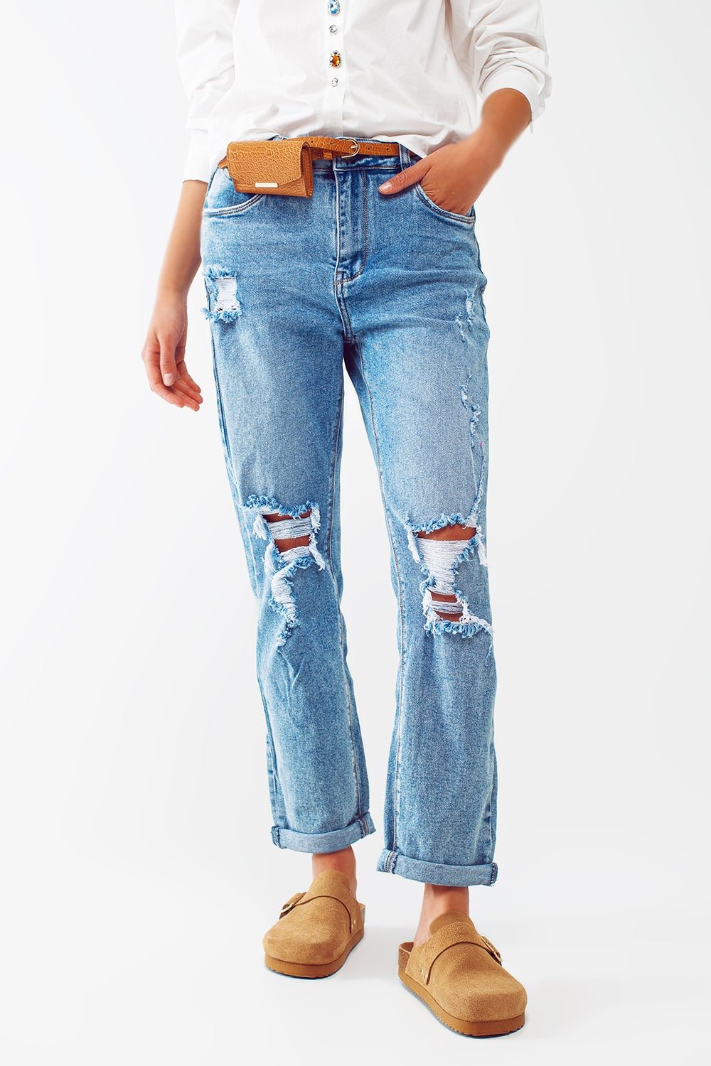 Ripped knee straight leg jeans in light blue wash | Just Cool Beans — jeans | the denim shop