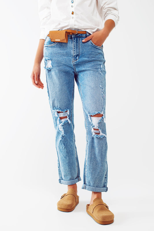 Ripped knee straight leg jeans in light blue wash | Just Cool Beans — jeans | the denim shop