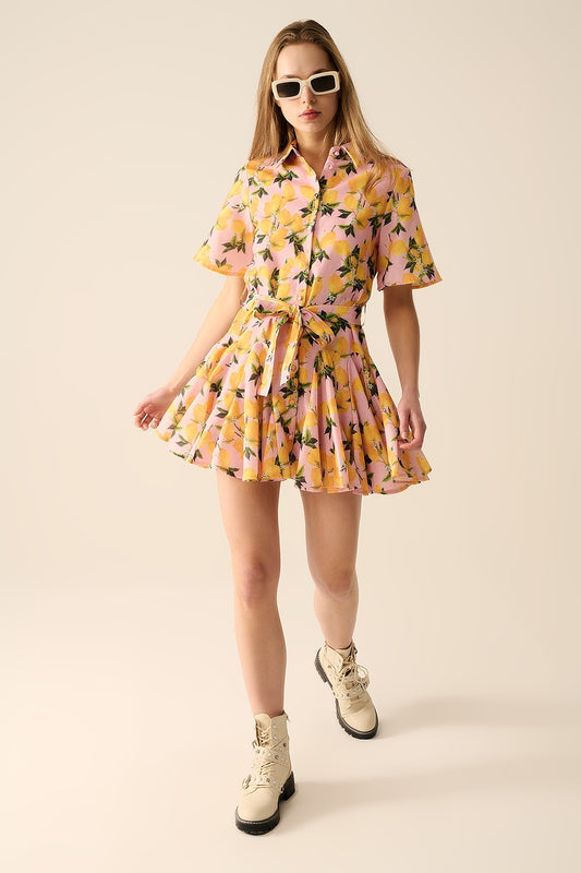 Romantic dress with waistband and lemon print and short sleeves in pink | Just Cool Beans — dresses | bottoms