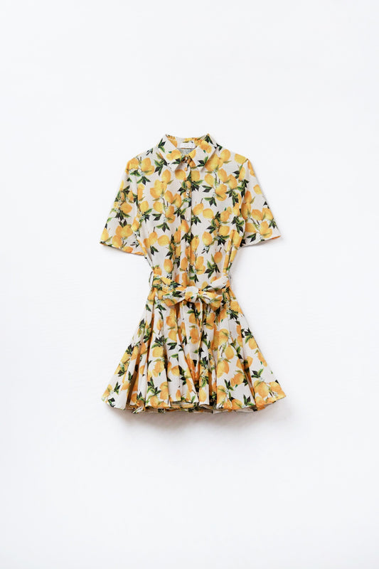 Romantic dress with waistband and lemon print and short sleeves | Just Cool Beans — dresses | bottoms