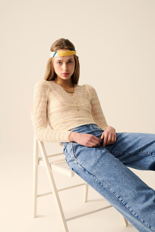 Romantic v-neck lace top with long sleeves in beige | Just Cool Beans — tops
