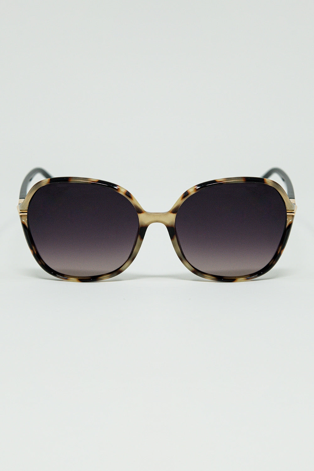 Q2 Round beige printed sunglasses with gold metal detail