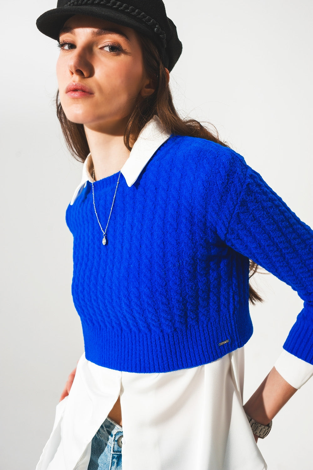 Round neck cable knit crop jumper in blue | Just Cool Beans — sweaters | tops