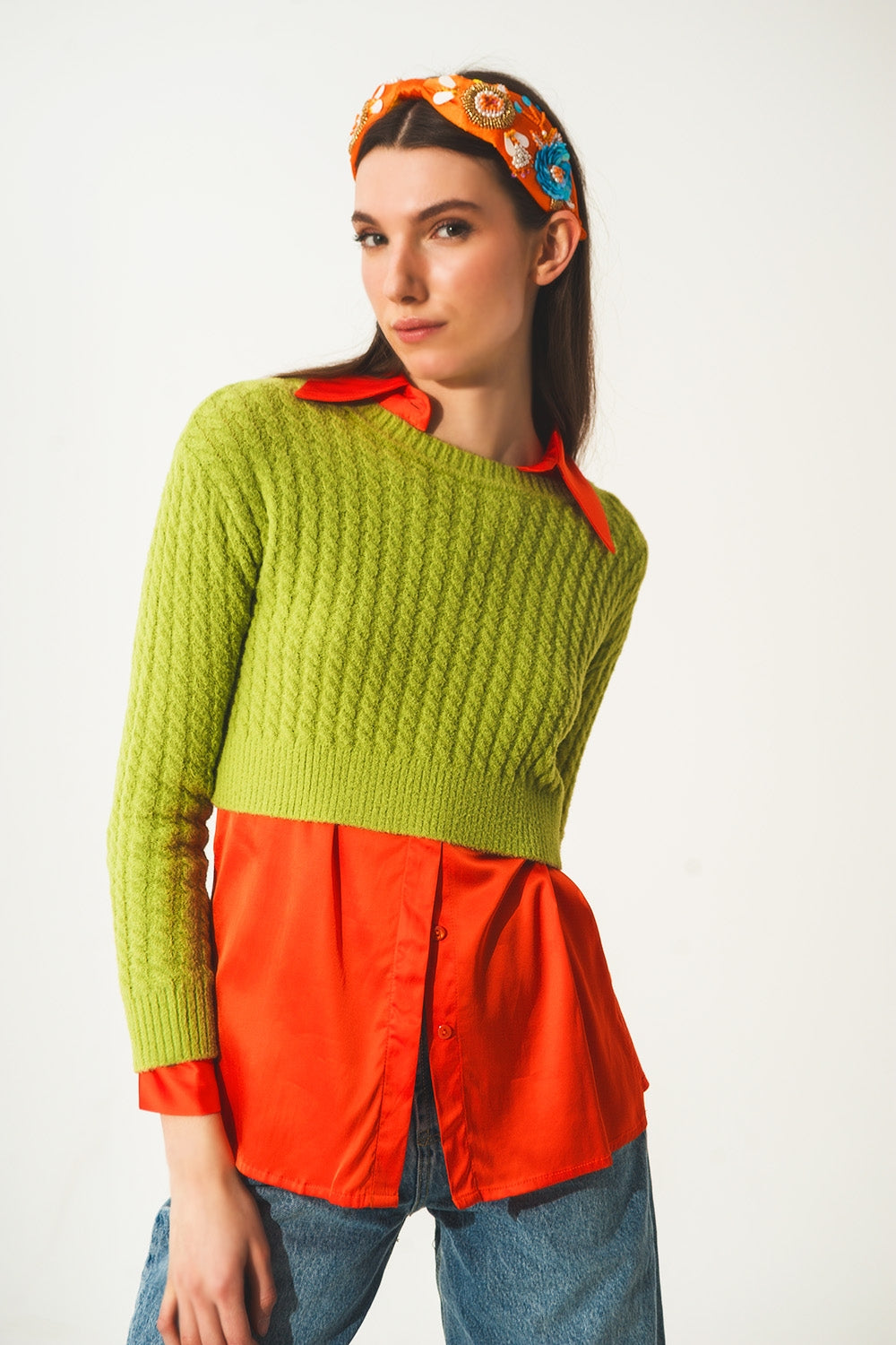 Round neck cable knit crop jumper in lime green | Just Cool Beans — sweaters | tops