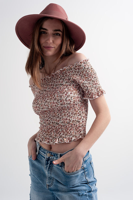 Ruched top in pink ditsy floral | Just Cool Beans — tops