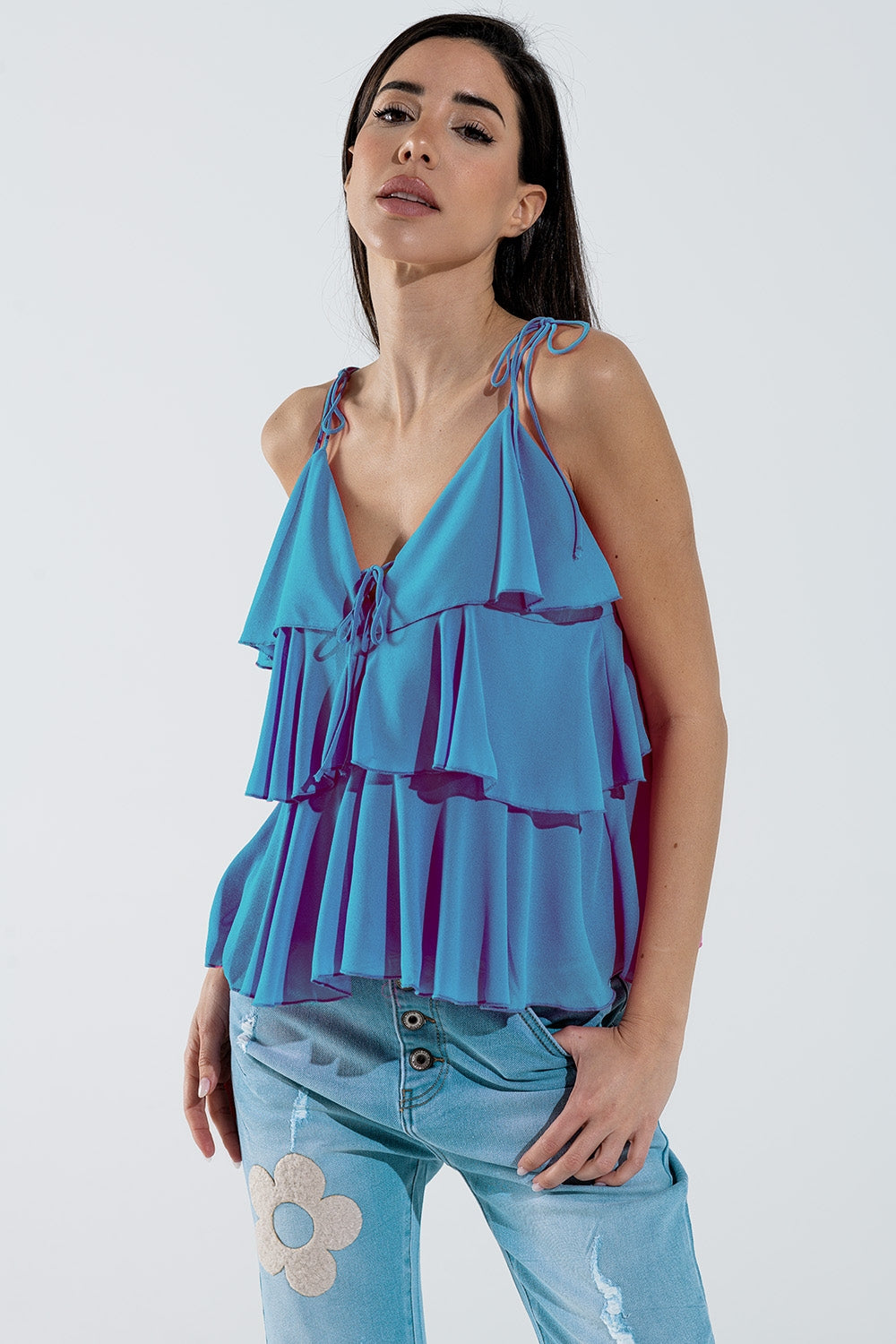 Ruffle top with thin straps in blue | Just Cool Beans — tops