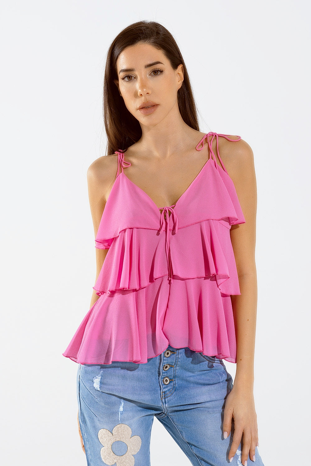 Ruffle top with thin straps in fuchsia | Just Cool Beans — tops