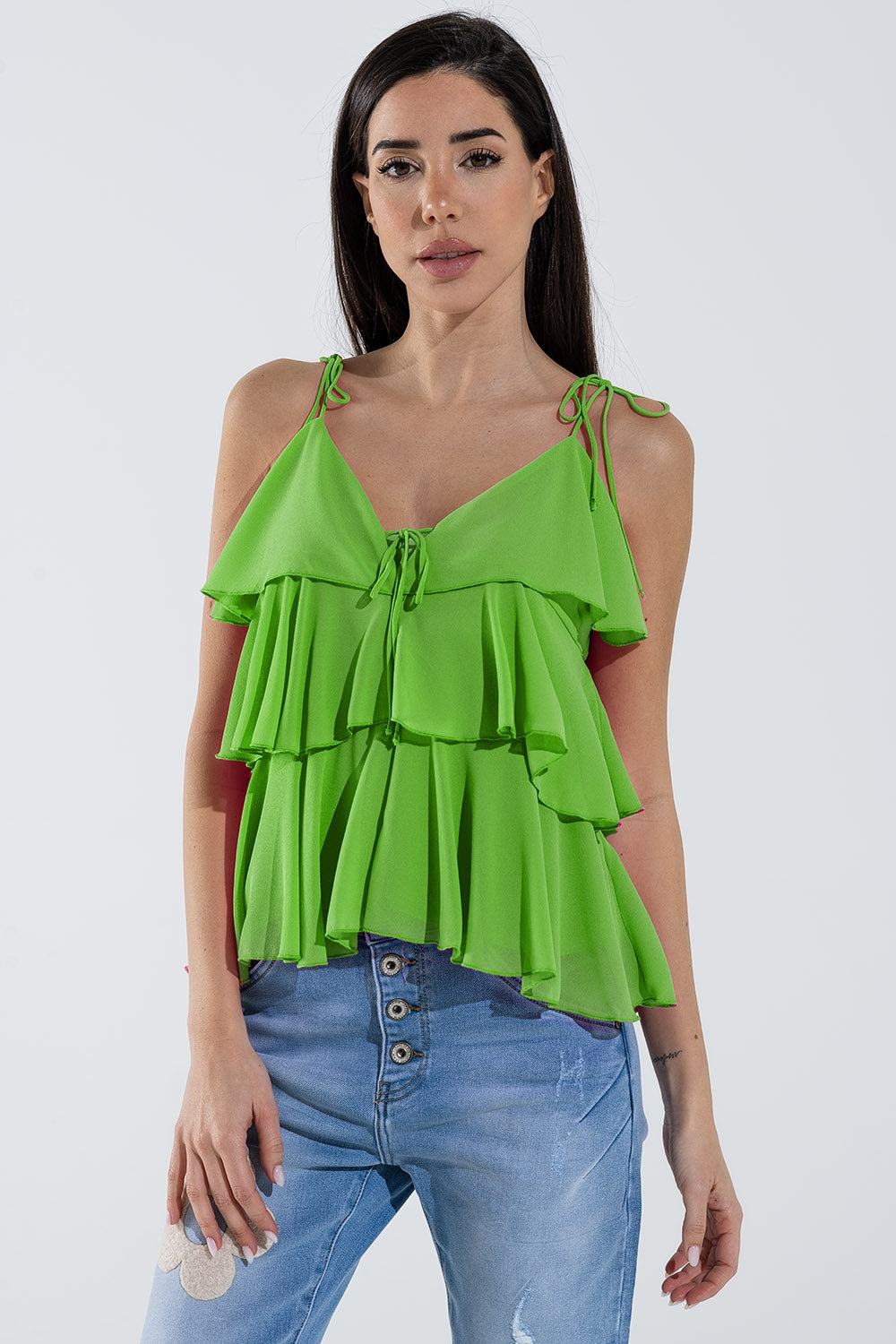 Ruffle top with thin straps in green | Just Cool Beans — tops