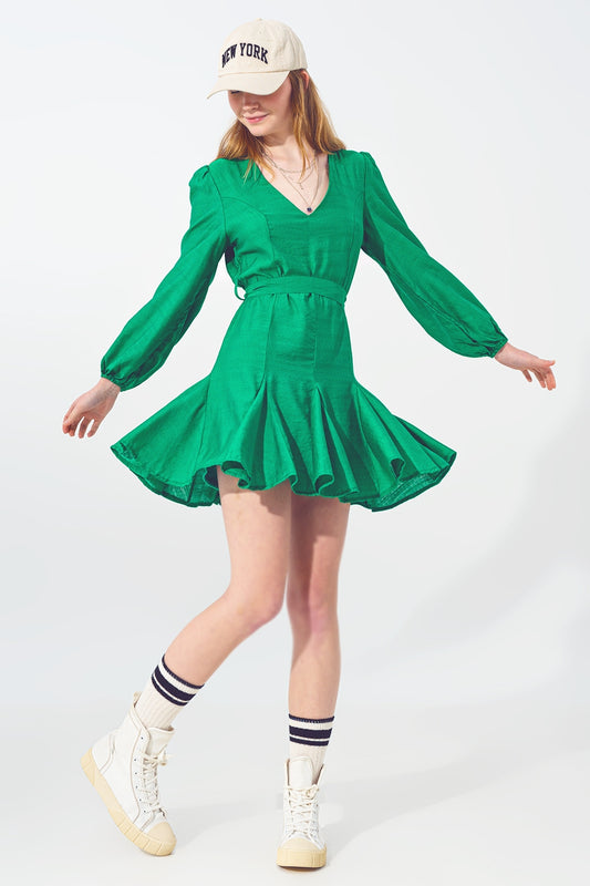 Ruffle v neck dress in green | Just Cool Beans — dresses