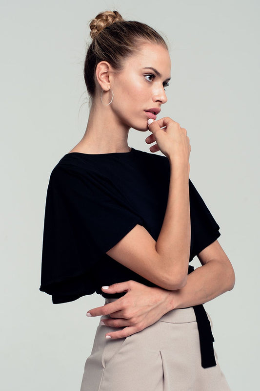 Ruffled sleeves black crop top with open back and bow detail | Just Cool Beans — shirts | tops