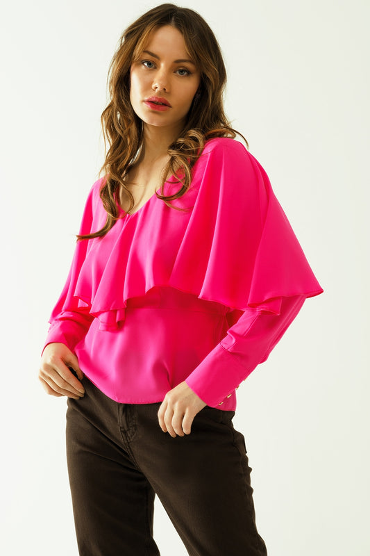 Ruffled v-neck top with buttoned cuffs and tie in the back detal in fuchsia | Just Cool Beans — tops