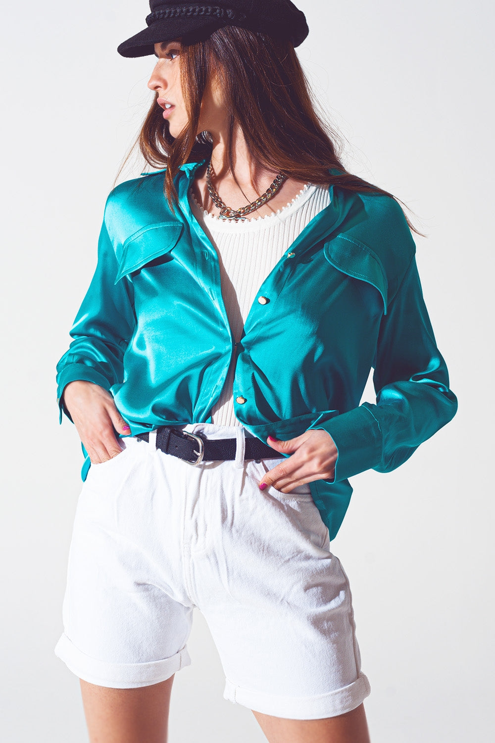 Satin blouse in turquoise | Just Cool Beans — shirts | tops