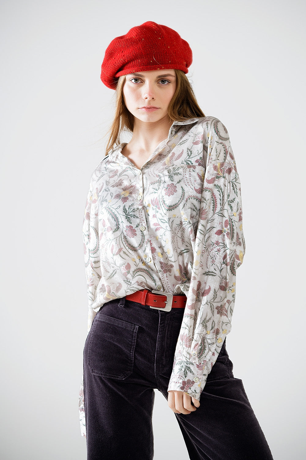 Satin blouse with flower print in grey | Just Cool Beans — shirts | tops