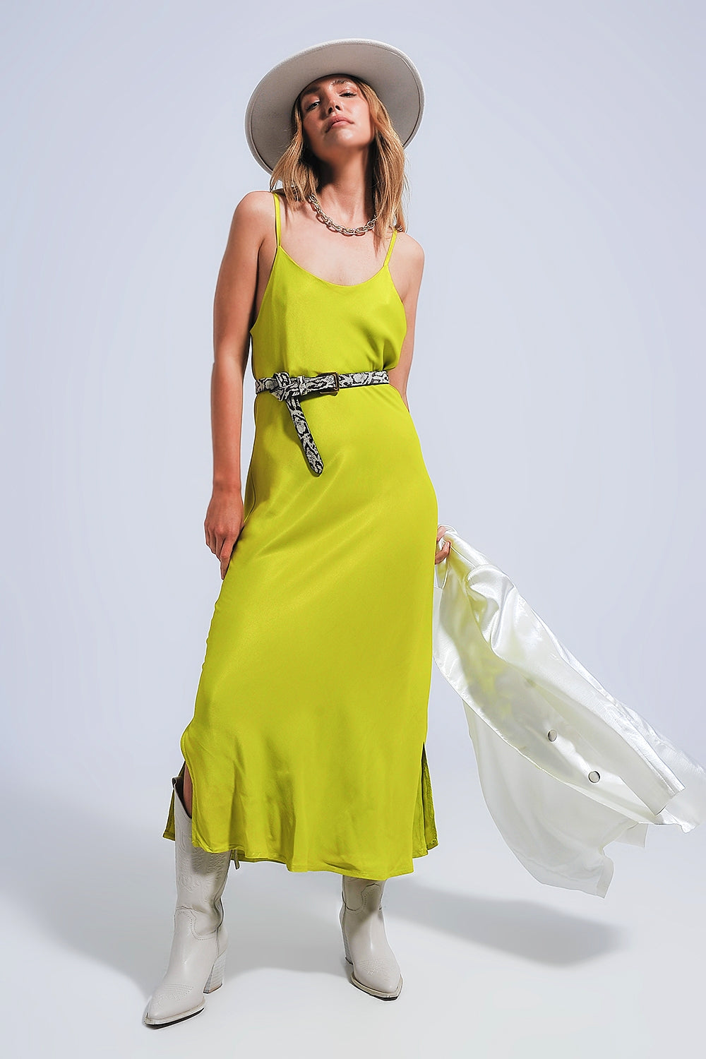 Satin cami strap midi slip dress in green | Just Cool Beans — dresses