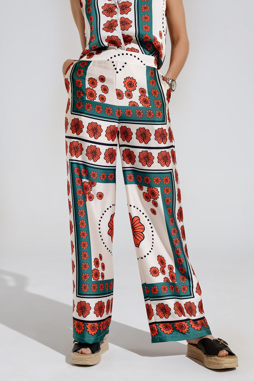 Satin creme flared pants with floral design | Just Cool Beans — pants | bottoms