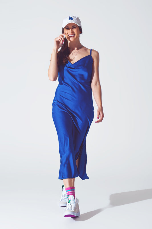 Satin dress with waterfall neckline in blue | Just Cool Beans — dresses