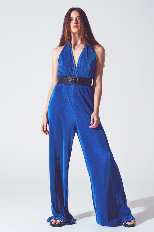 Satin halter neck pleated maxi jumpsuit in blue | Just Cool Beans — dresses