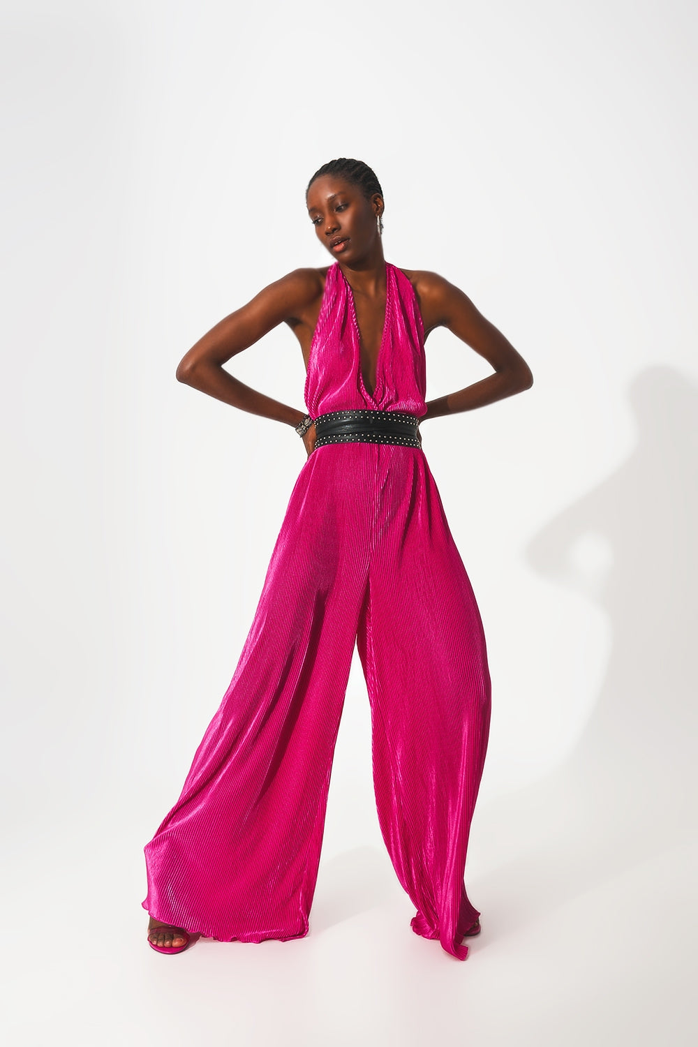 Satin halter neck pleated maxi jumpsuit in fuchsia | Just Cool Beans — dresses