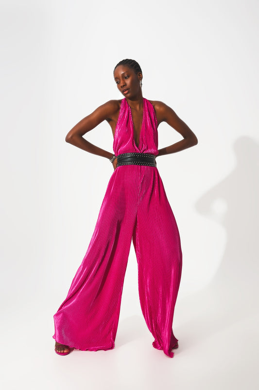 Satin halter neck pleated maxi jumpsuit in fuchsia | Just Cool Beans — dresses