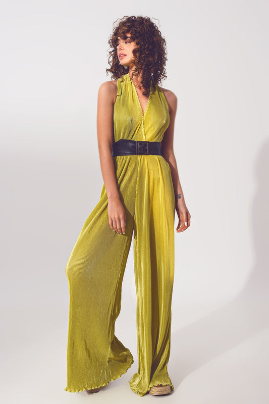 Satin halter neck pleated maxi jumpsuit in green | Just Cool Beans — dresses