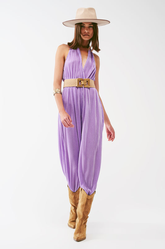 Satin halter neck pleated maxi jumpsuit in lilac | Just Cool Beans — dresses