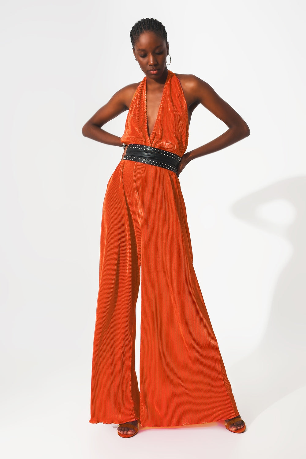 Satin halter neck pleated maxi jumpsuit in orange | Just Cool Beans — dresses