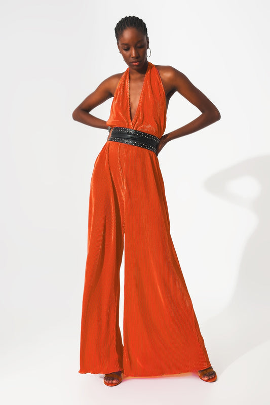 Satin halter neck pleated maxi jumpsuit in orange | Just Cool Beans — dresses