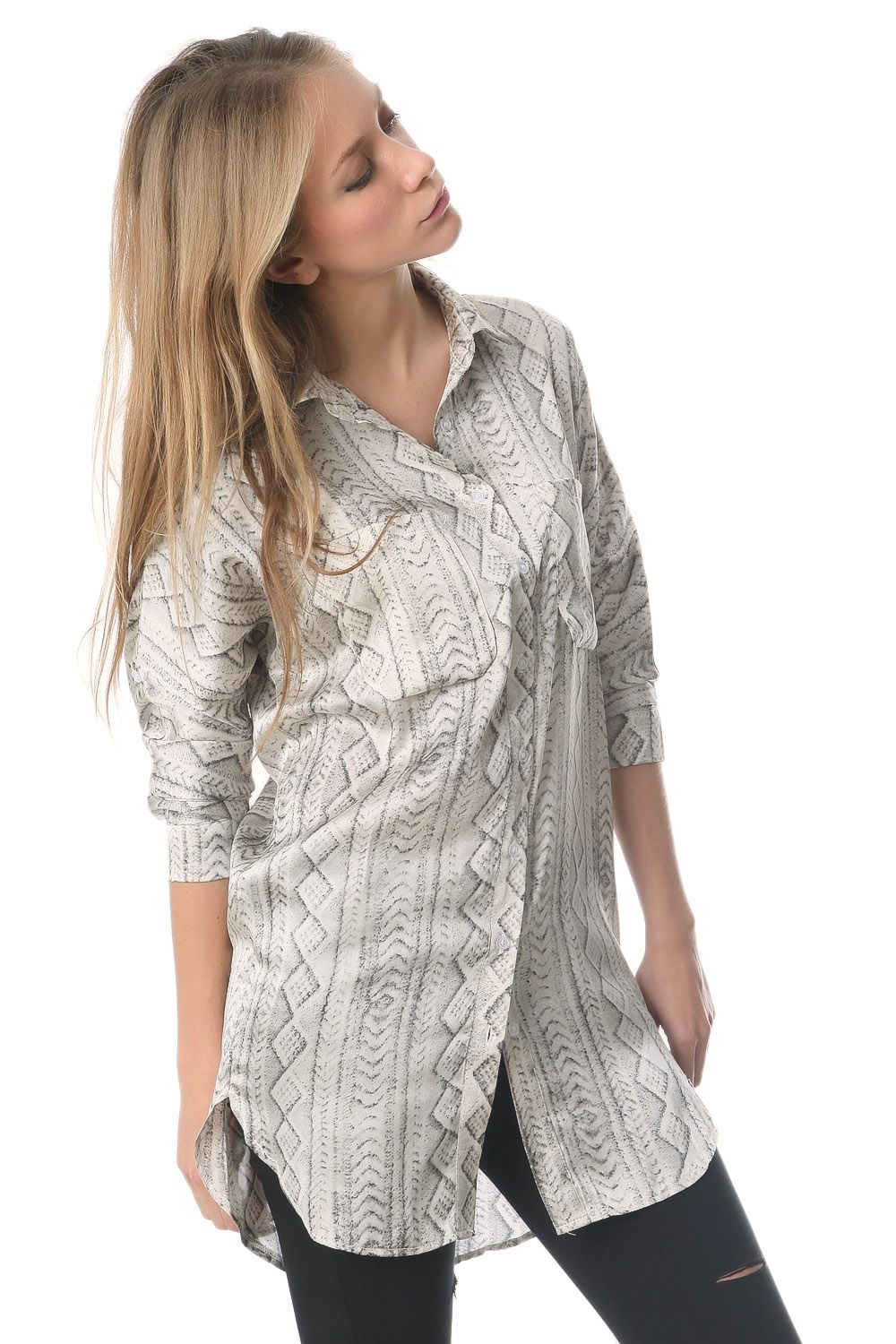Satin longline shirt in grey abstract print | Just Cool Beans — shirts | nan