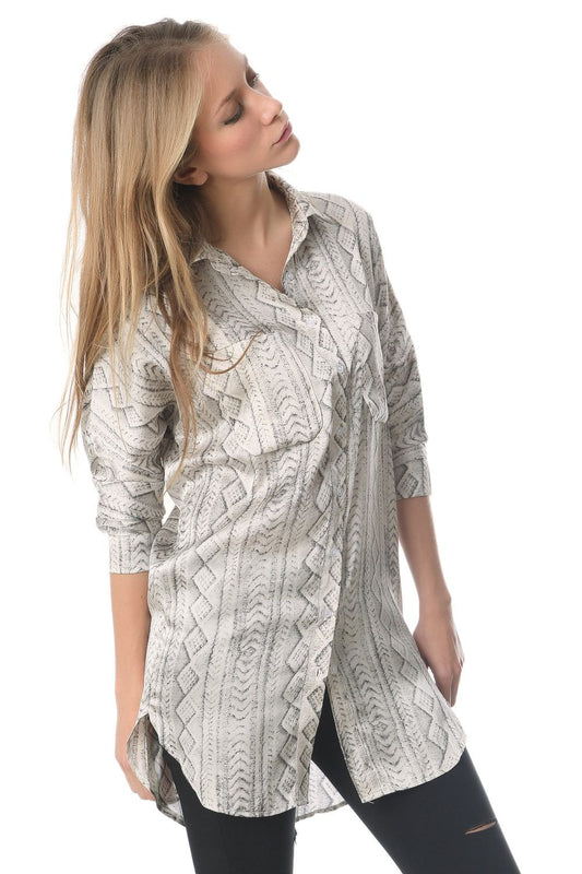 Satin longline shirt in grey abstract print | Just Cool Beans — shirts | nan