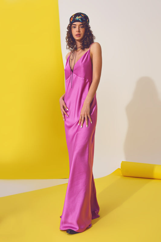 Satin maxi dress with spaghetti straps in fuchsia | Just Cool Beans — dresses