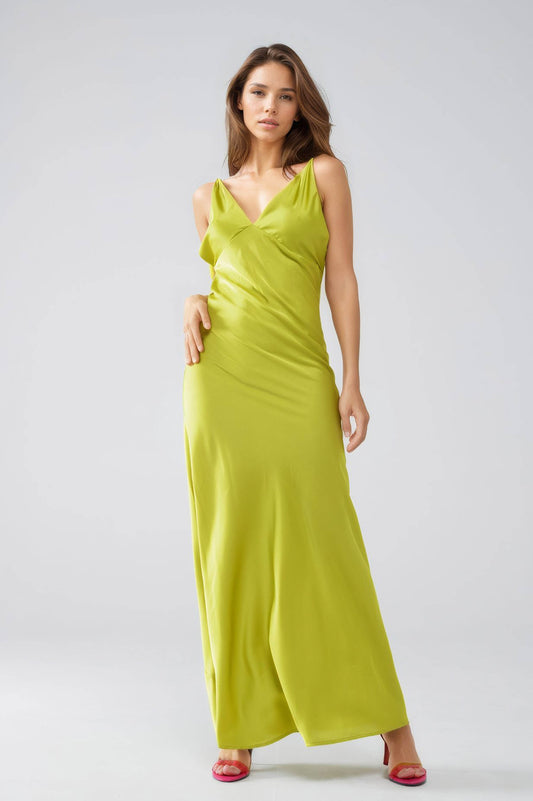 Satin maxi dress with spaghetti straps in lime green | Just Cool Beans — dresses